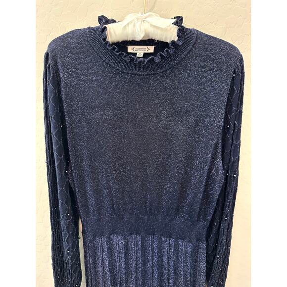 NANETTE LEPORE Navy Metallic Knit Dress Long Sleeve Pearl Party Cocktail NWT XL - Picture 3 of 9